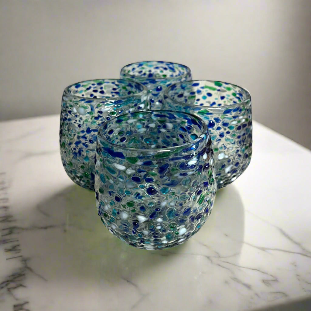 Hand Blown Stemless Wine Glass | Blue Green Confetti Design